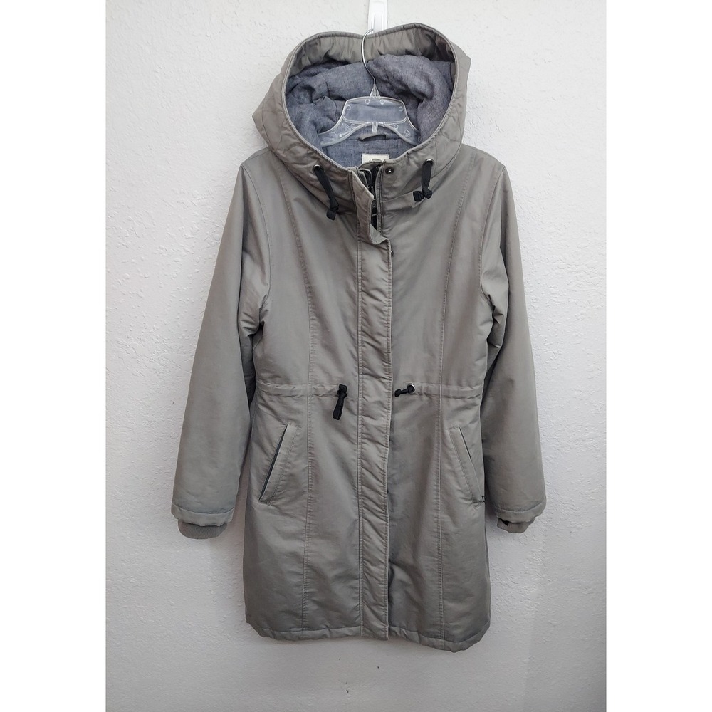 Hoodlamb Coat Womens Large Gray Hooded‎ Parka Drawstring Waist Hemp Water Resist